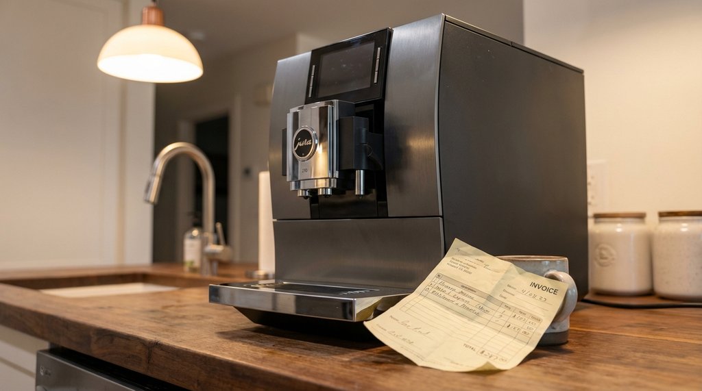 Jura Z10 espresso machine on a kitchen counter with a service invoice