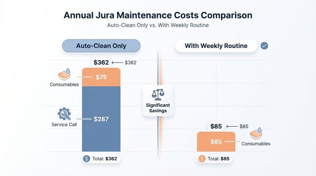Infographic comparing Jura annual maintenance costs with and without manual cleaning