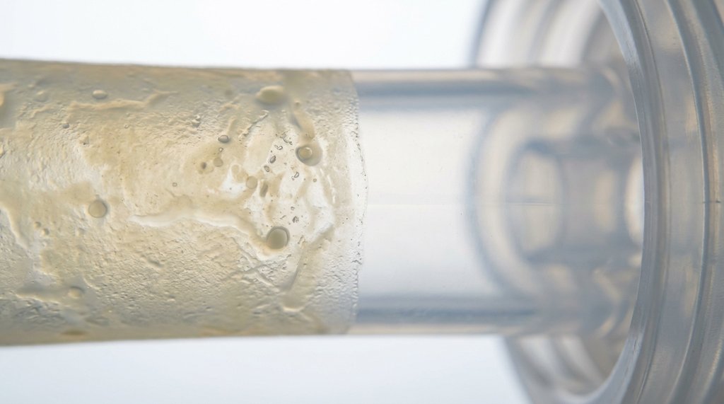 Close-up macro photo of milk residue buildup inside a coffee machine milk tube