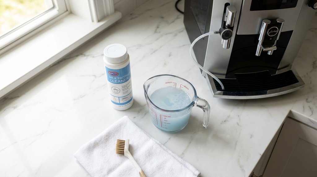 Flat lay of Jura milk system cleaning supplies on a kitchen counter