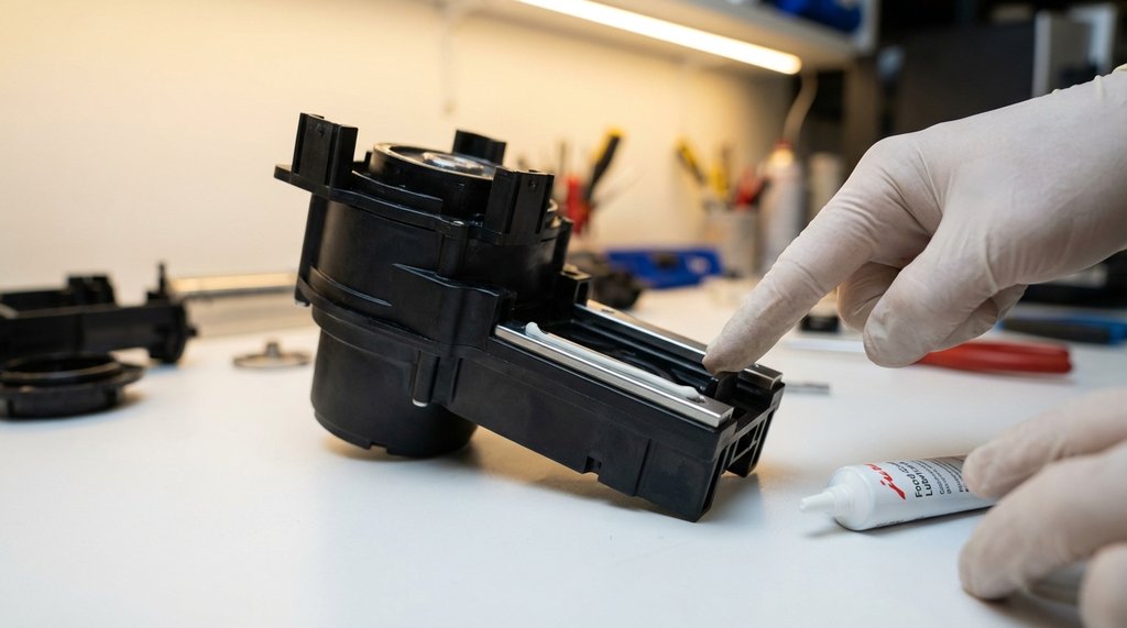 Jura espresso machine brewing unit removed and being cleaned on a workbench