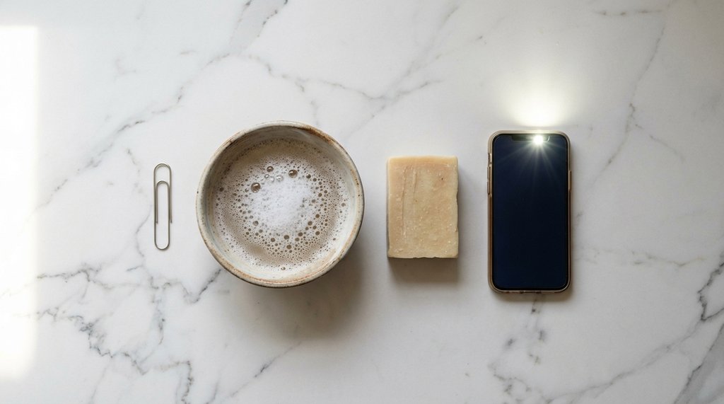 Flat lay of needle cleaning tools on kitchen counter