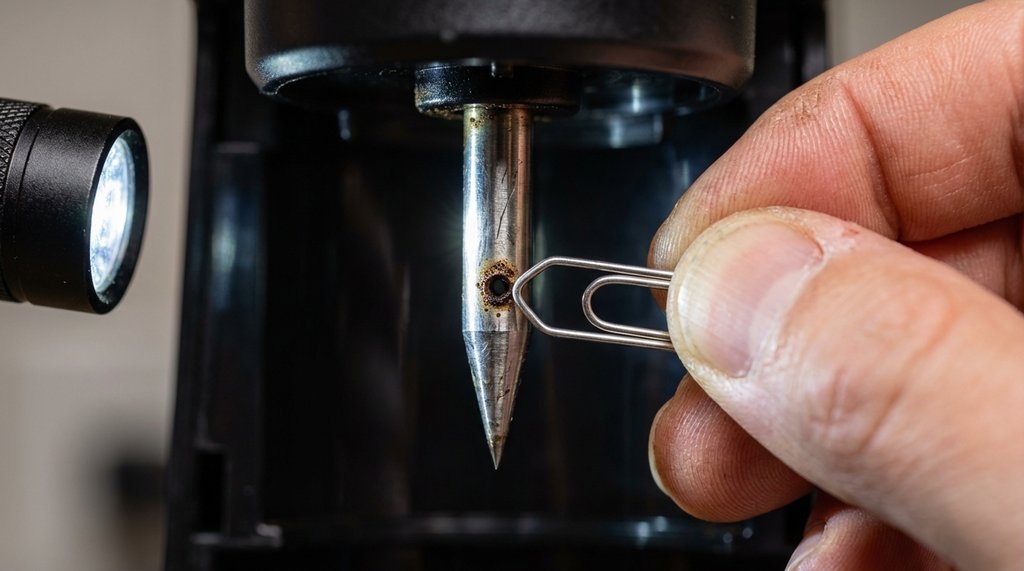 Close-up of paper clip cleaning a Keurig entry needle
