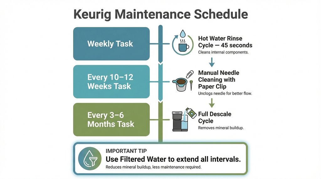 Maintenance schedule infographic for Keurig needle care
