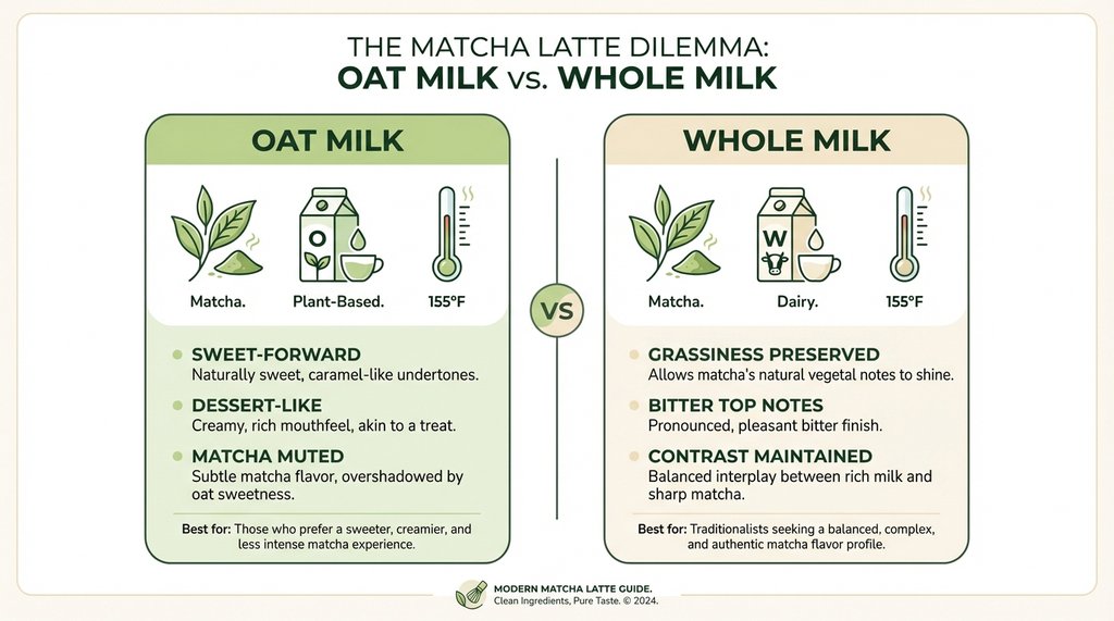 Infographic comparing oat milk vs whole milk in matcha lattes
