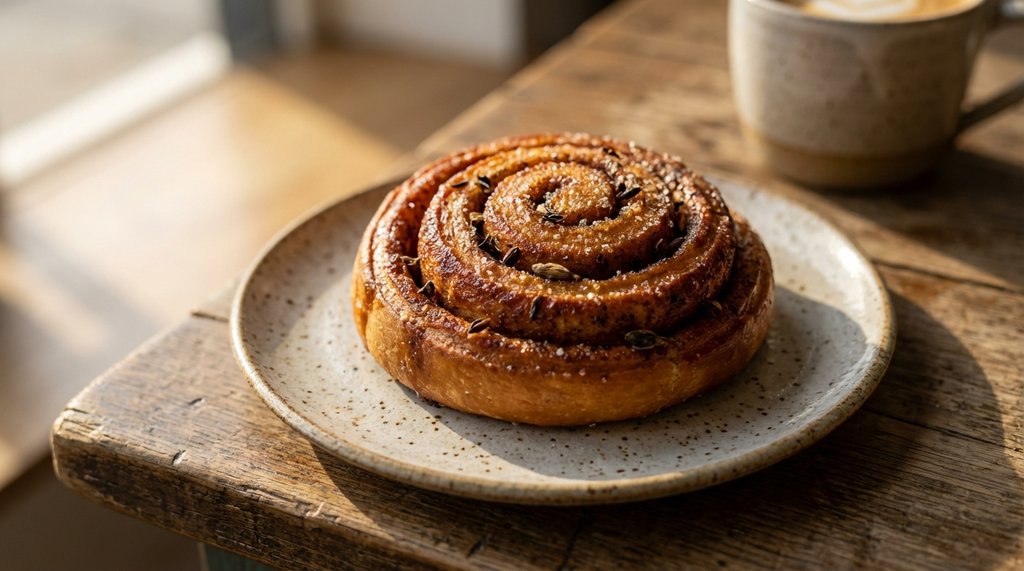 Cardamom morning bun on a café plate