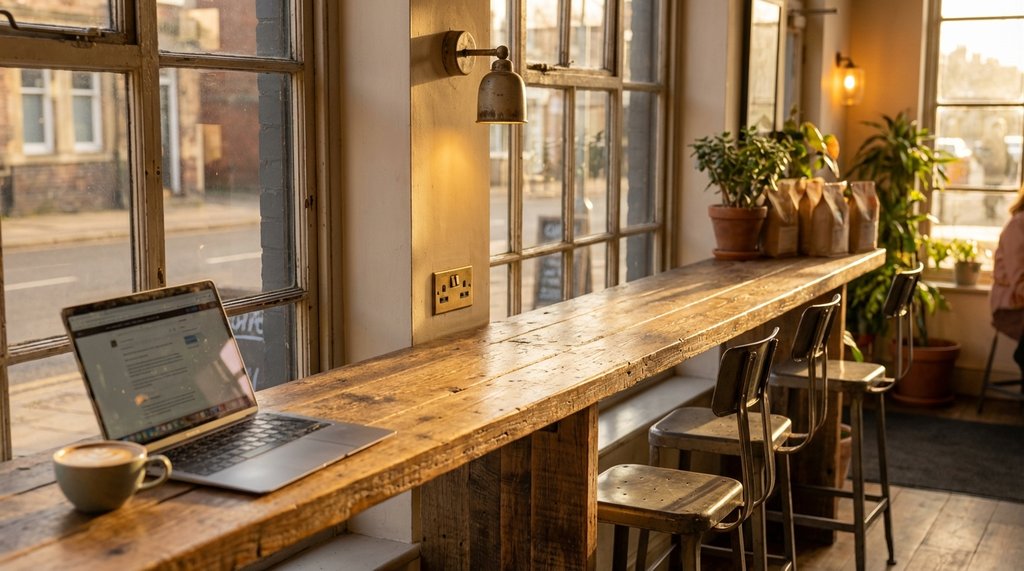 Window bar seating in a specialty coffee shop with natural light