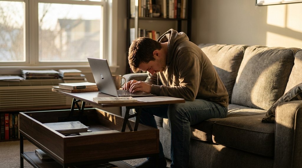 Person hunching over laptop on couch with bad posture