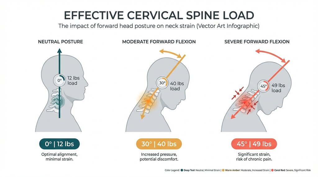 Infographic showing cervical spine load vs head flexion angle