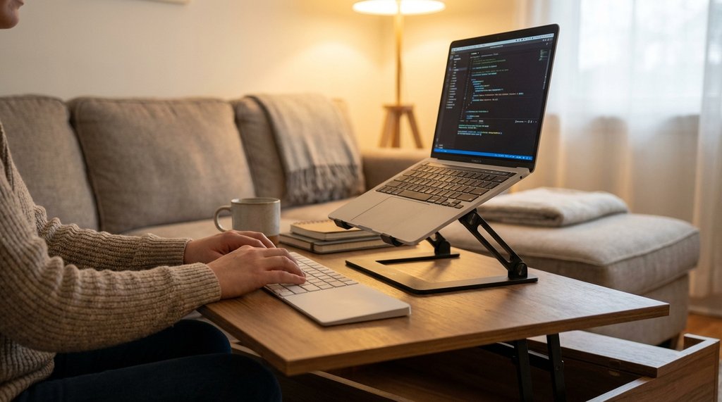 Proper lift top coffee table workstation setup with laptop riser and external keyboard