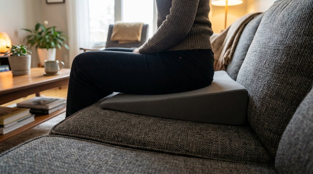 Seat wedge cushion placed on couch seat for ergonomic pelvic tilt