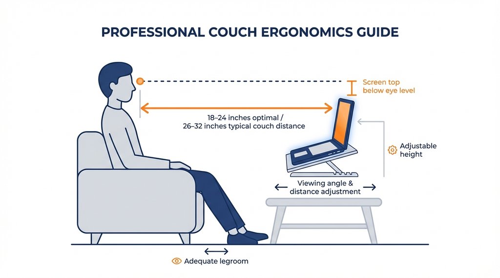 Infographic showing optimal laptop viewing distance and screen height positioning