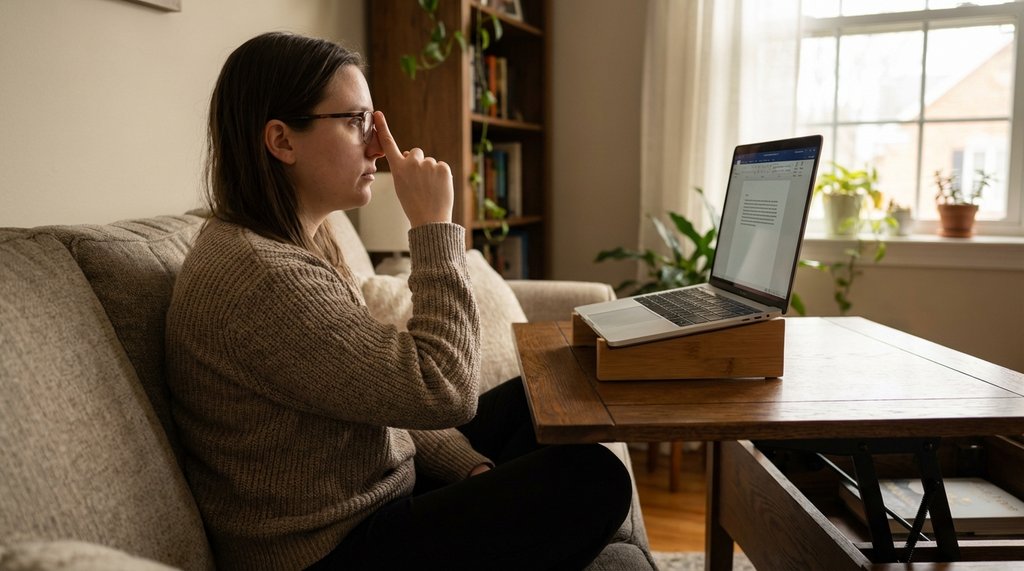 Person performing the finger-to-nose screen height diagnostic test while seated at lift top table