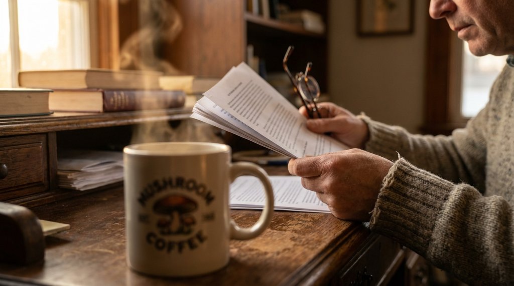 Person reading extraction docs beside mushroom coffee