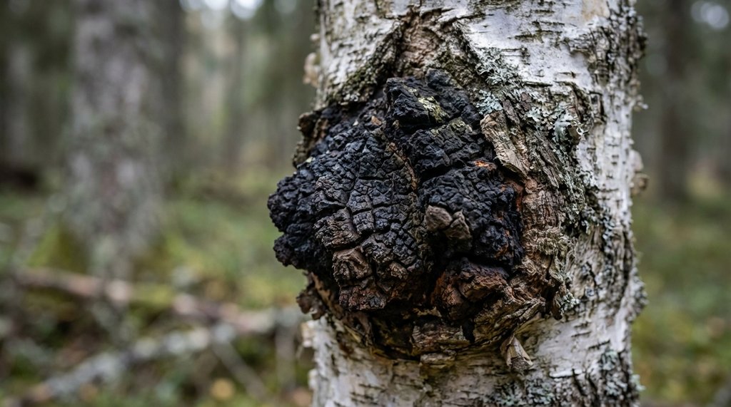 Chaga mushroom growing on birch tree in forest
