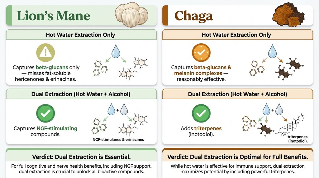 Extraction method comparison infographic for Lion's Mane and Chaga