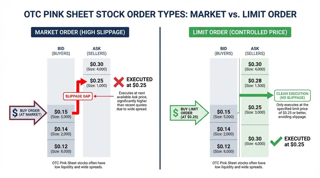 Infographic comparing market order vs limit order slippage on OTC stocks