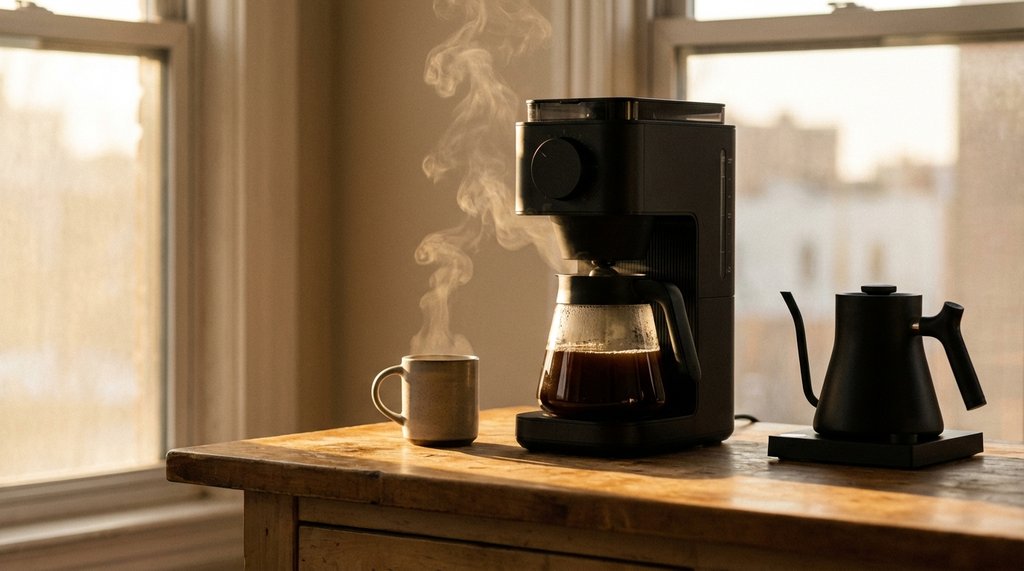 Fellow Aiden drip coffee maker in a quiet morning kitchen