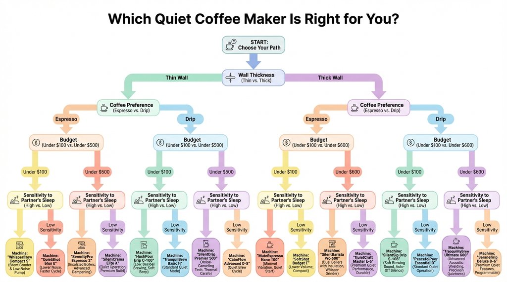Decision guide infographic for choosing a quiet apartment coffee maker