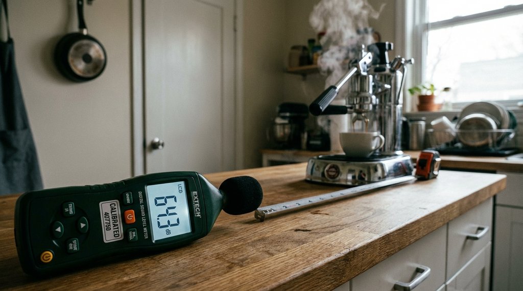 Calibrated sound level meter measuring a coffee machine in an apartment