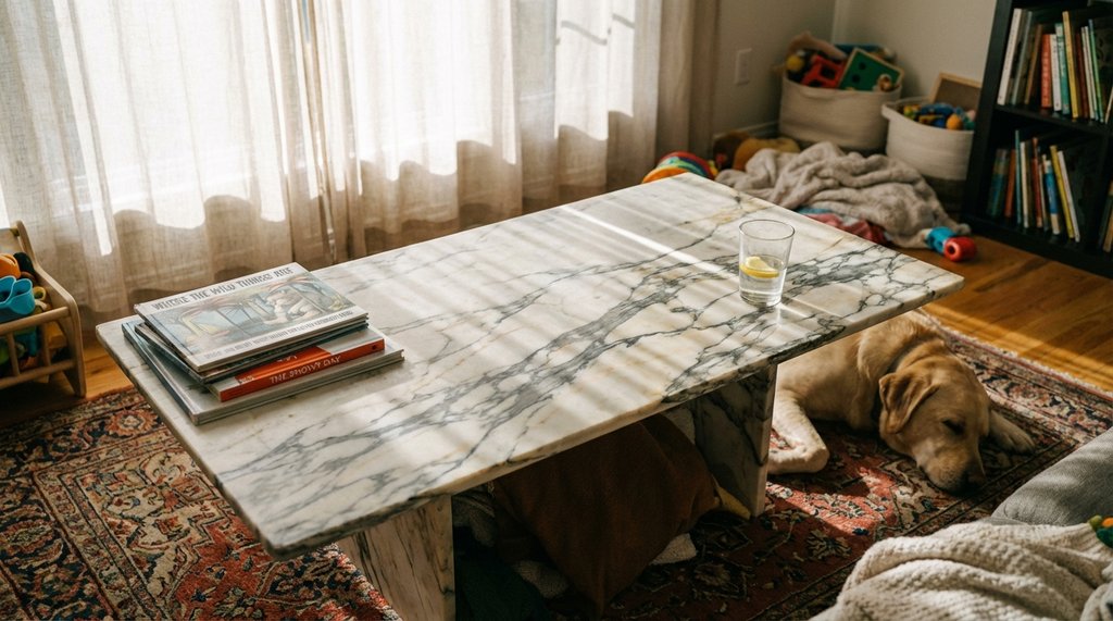 Calacatta Gold marble coffee table in a family living room