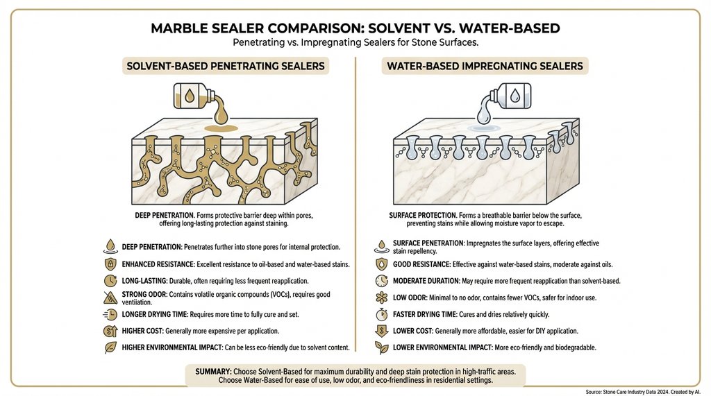 Infographic comparing solvent-based vs water-based marble sealers