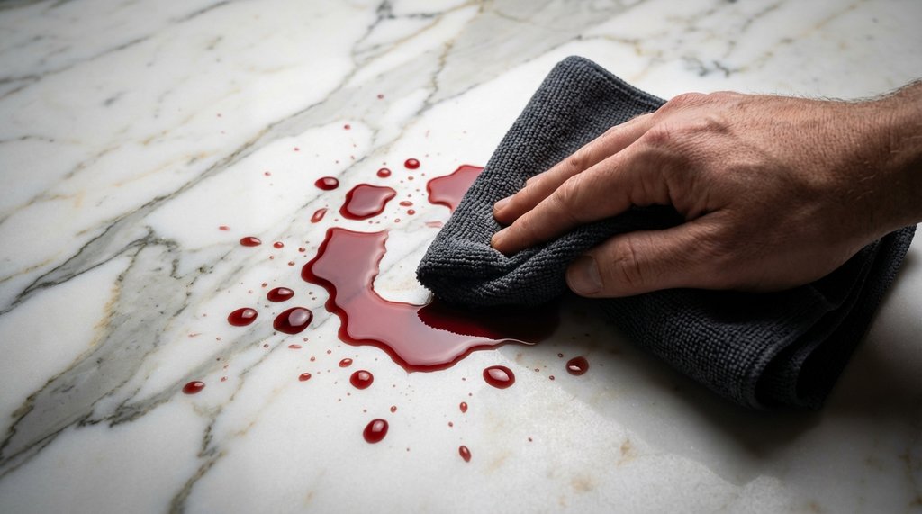 Close-up of blotting a red wine spill on white marble