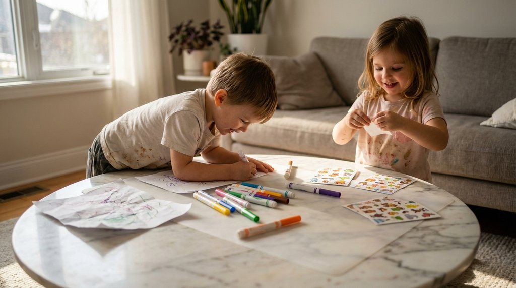 Children doing crafts on a silicone mat on a marble coffee table