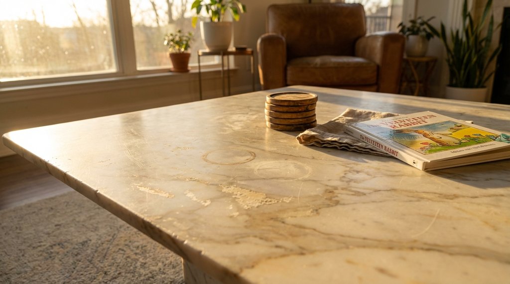 Well-maintained but lived-in marble coffee table with natural patina