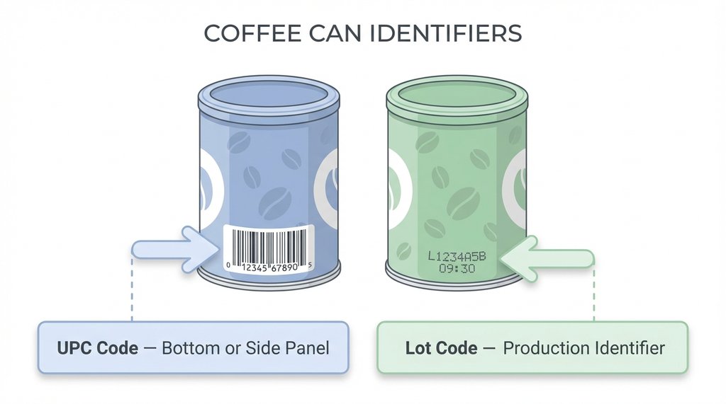Infographic comparing UPC code vs lot code on a coffee can