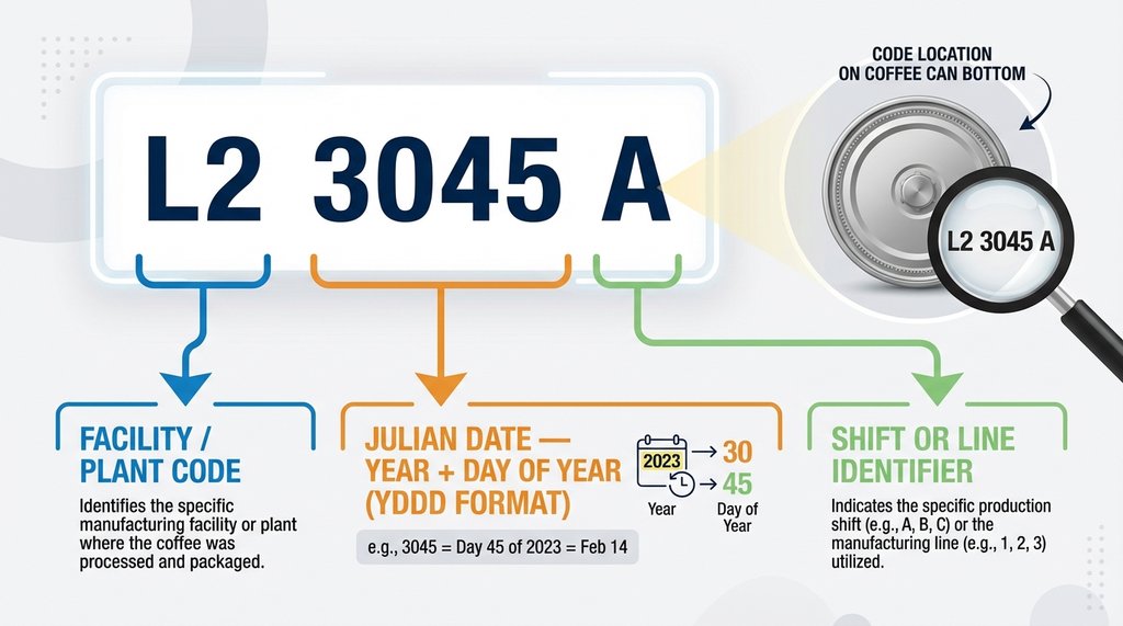 Diagram breaking down the alphanumeric lot code format on a coffee can