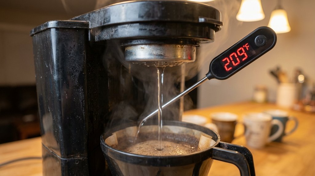 Probe thermometer measuring drip machine water stream