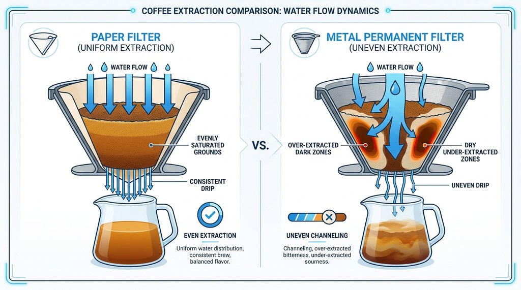 Paper filter vs metal filter water channeling comparison