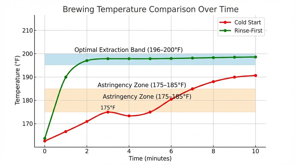 Temperature ramp comparison cold-start vs rinse-first brewing