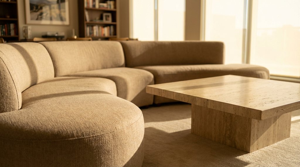 Curved sectional with mismatched rectangular coffee table