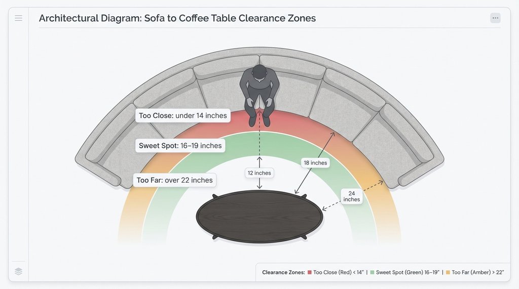 Infographic diagram of apex clearance zones for curved sectional coffee table placement