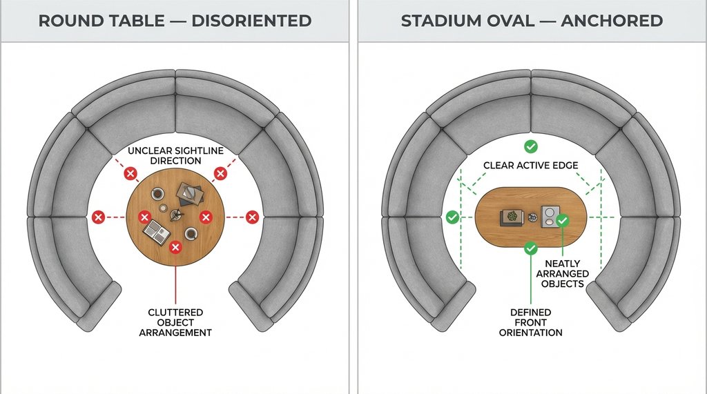 Side-by-side comparison of round table vs stadium-oval table inside curved sectional configurations