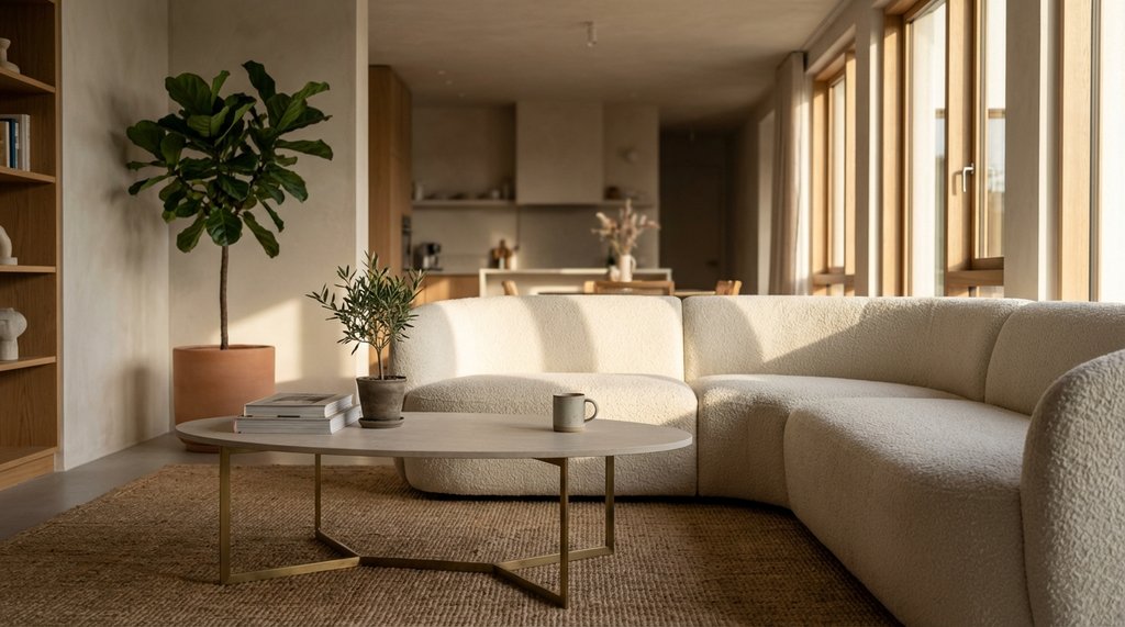 Curved sectional with visually light sintered stone coffee table, lifestyle interior shot