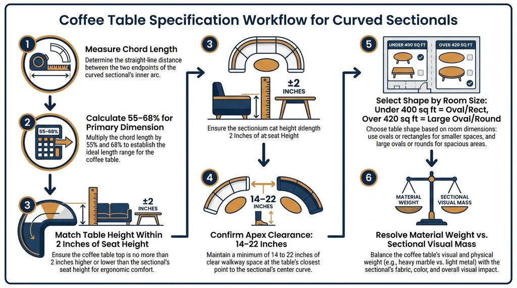 Step-by-step workflow infographic for specifying a coffee table for a curved sectional