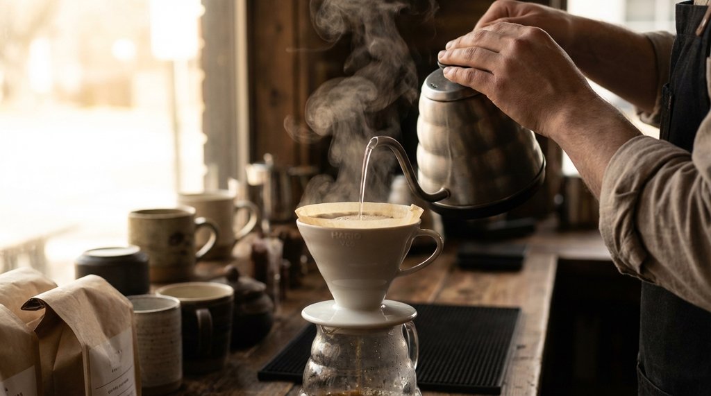 Barista pouring V60 pour-over of Yirgacheffe coffee