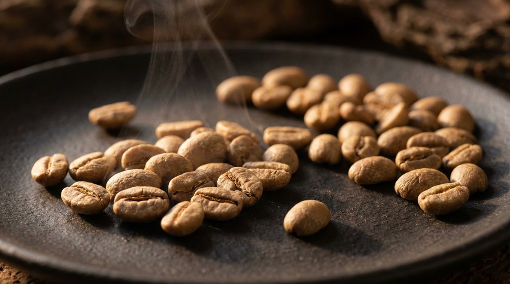 Close-up of washed Ethiopian light roast coffee beans with aromatic visual elements
