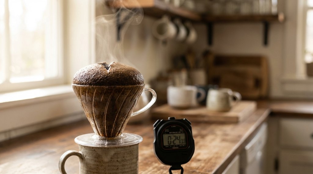 Close-up of V60 bloom dome collapse being timed with a stopwatch