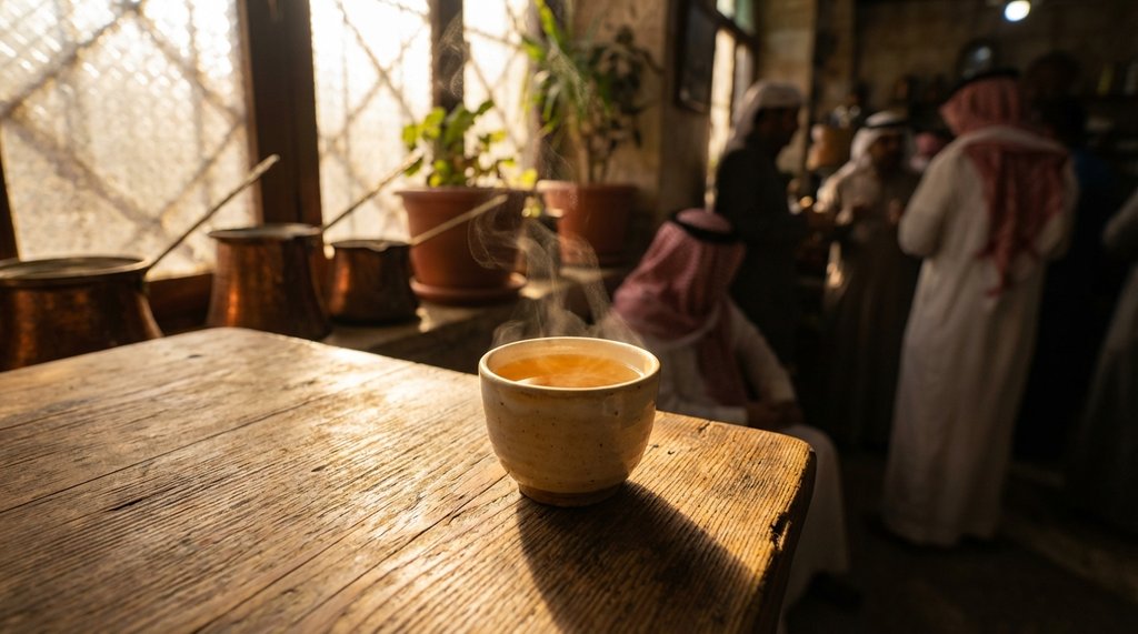 A steaming cup of qishr at Qamaria Yemeni Coffee Co.