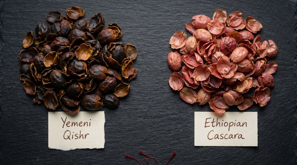 Side-by-side comparison of Yemeni coffee husks versus Ethiopian cascara