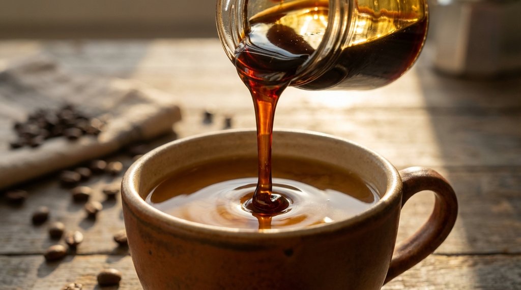 Date syrup being poured into a cup of qishr