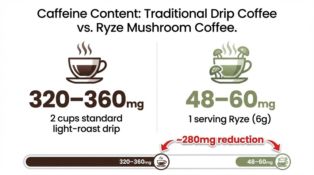 Caffeine content comparison chart between regular drip coffee and Ryze