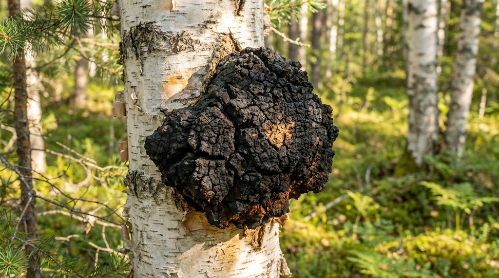 Wild Chaga mushroom growing on birch bark in a forest