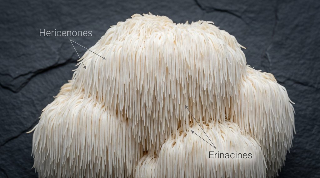 Lion's Mane mushroom close-up with scientific annotation overlay