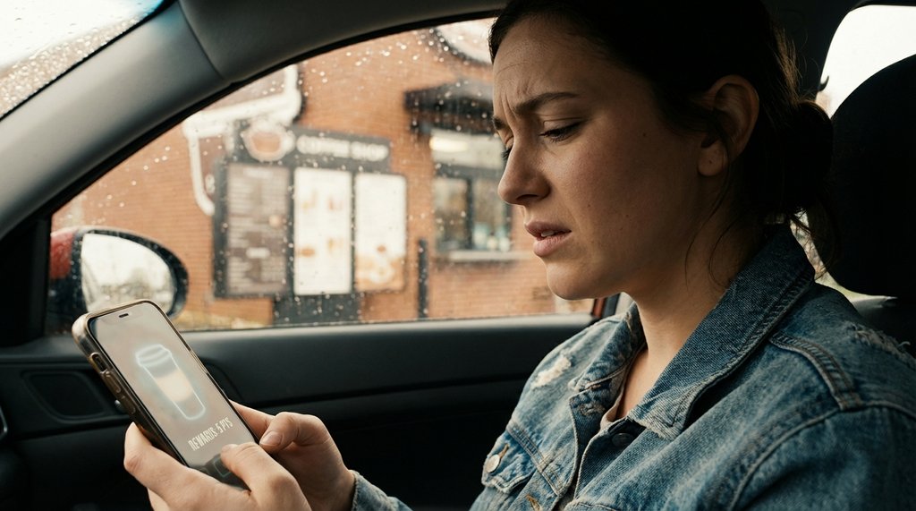 Person checking coffee loyalty app on phone at a drive-through