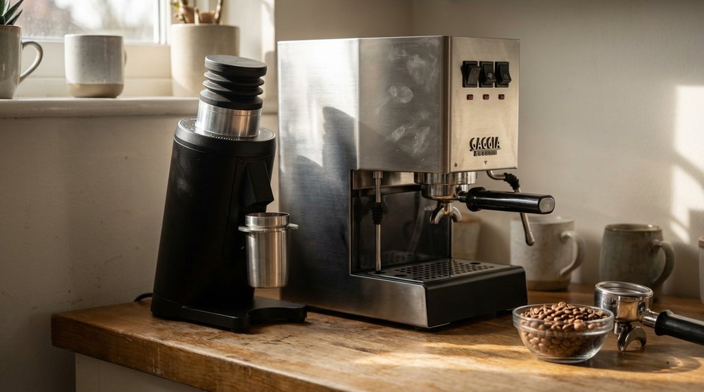 DF64 Gen 2 grinder and Gaggia Classic Pro espresso machine on a kitchen counter